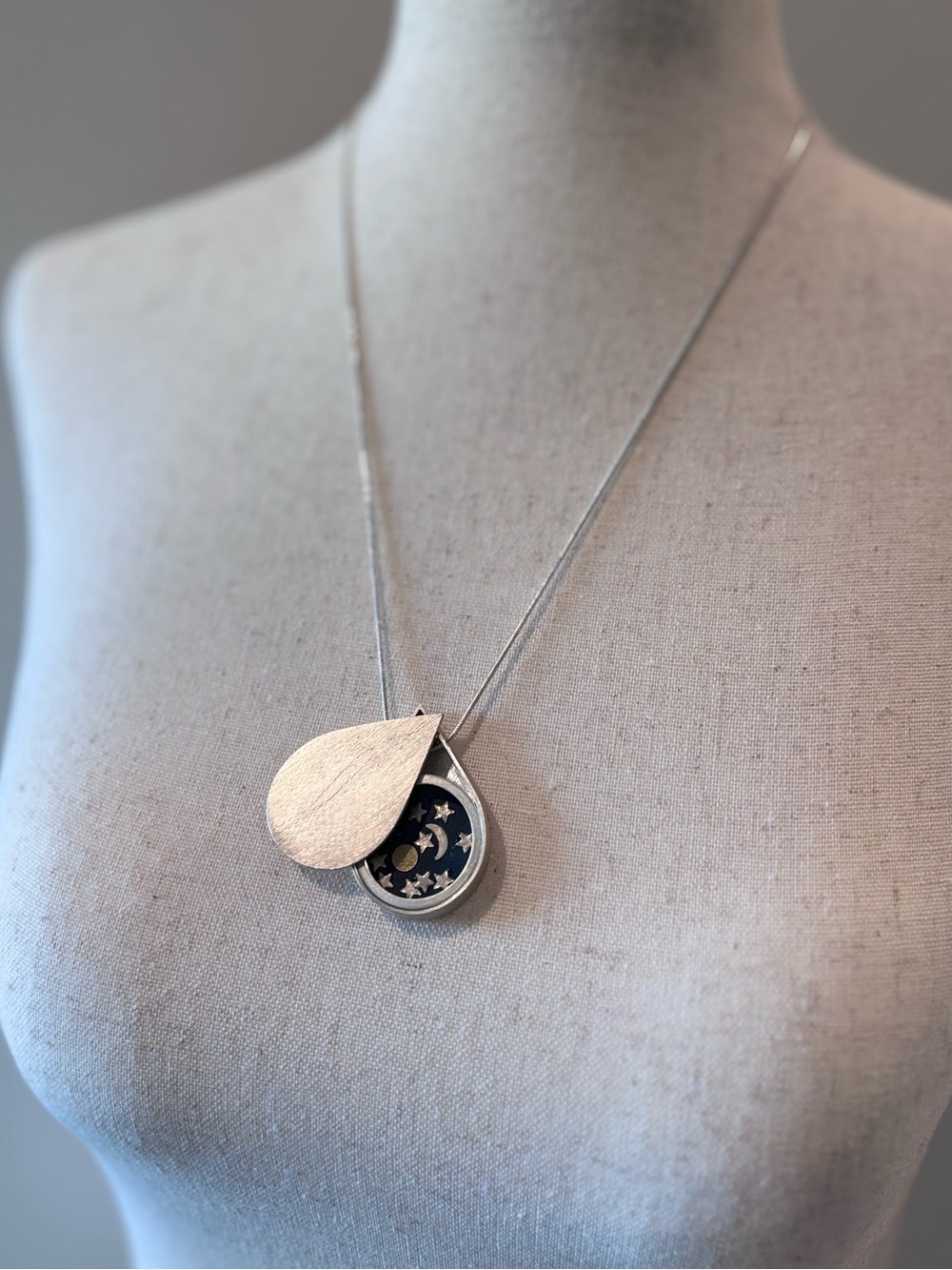 Silver Teardrop Locket Necklace with Blue Celestial Moon and Stars